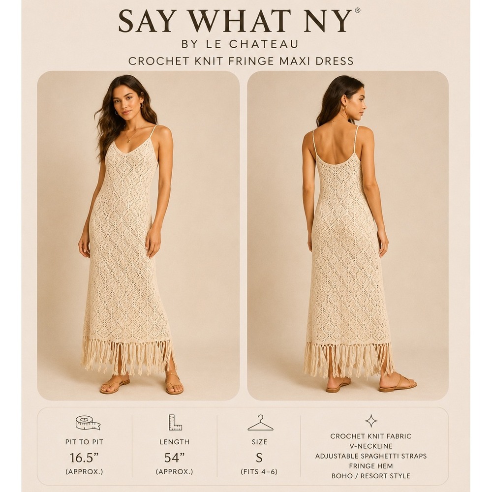 Say What? Crochet Maxi Dress Beige Diamond Knit Fringe Boho NWT Small